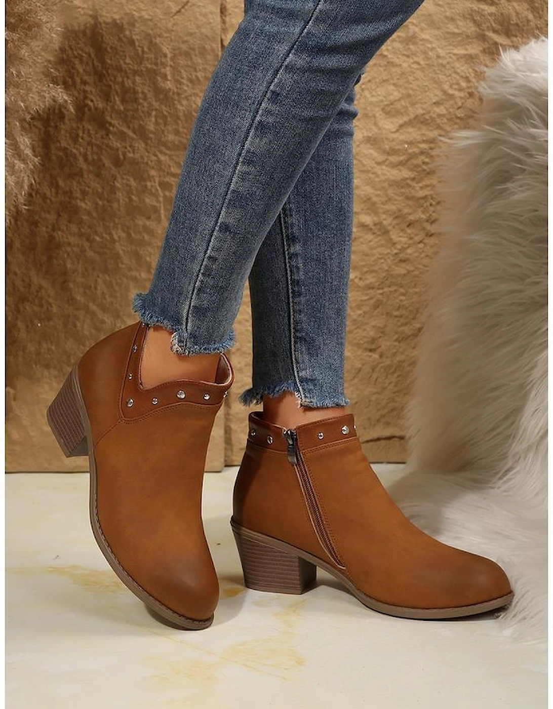 Chestnut Studded Faux Leather Chunky Heel Ankle Boots