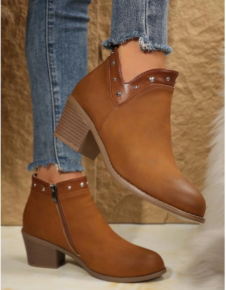Chestnut Studded Faux Leather Chunky Heel Ankle Boots