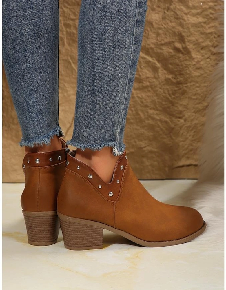 Chestnut Studded Faux Leather Chunky Heel Ankle Boots