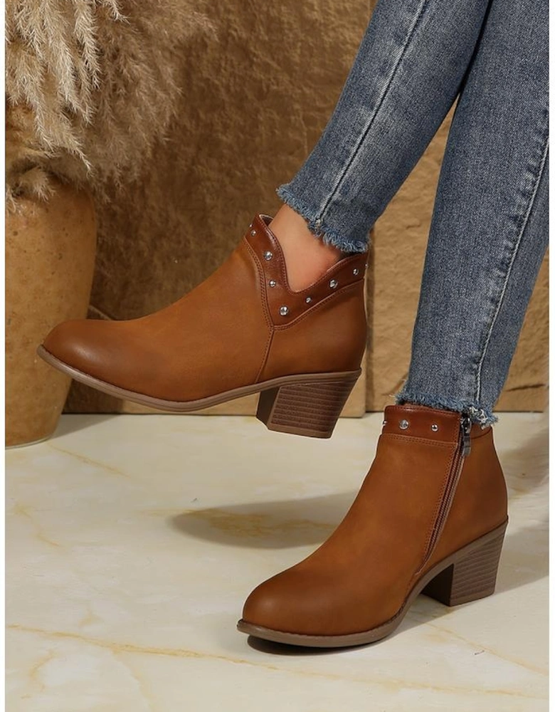 Chestnut Studded Faux Leather Chunky Heel Ankle Boots