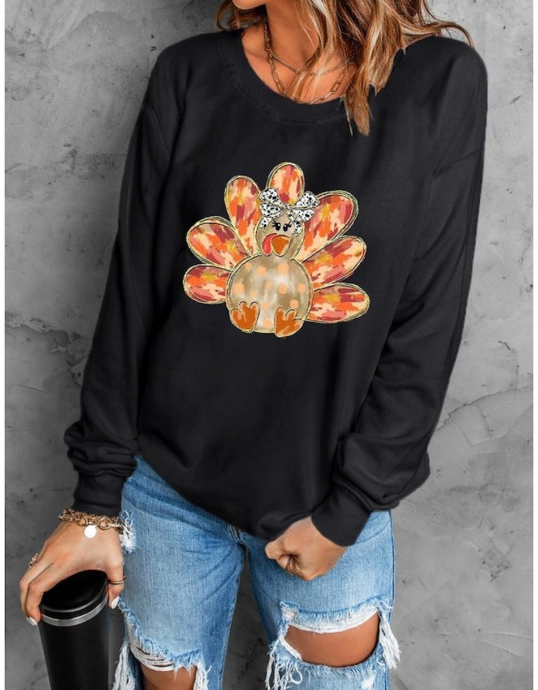 Black Thanksgiving Turkey Graphic Drop Shoulder Sweatshirt
