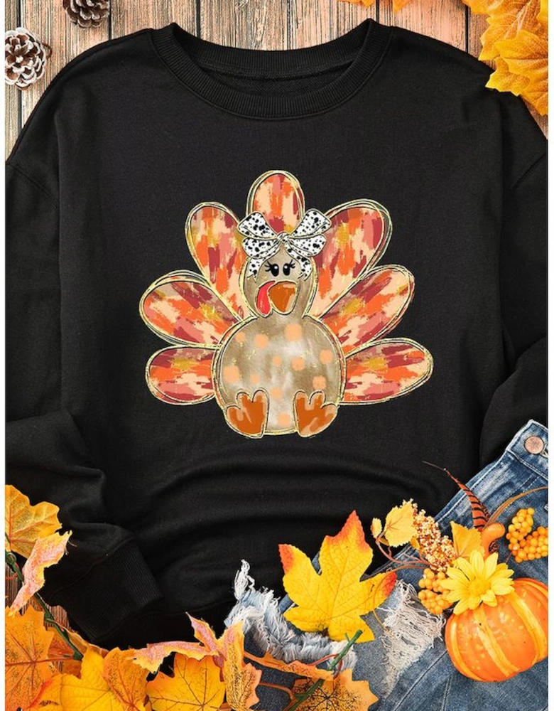 Black Thanksgiving Turkey Graphic Drop Shoulder Sweatshirt