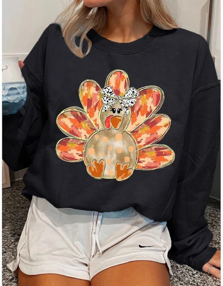 Black Thanksgiving Turkey Graphic Drop Shoulder Sweatshirt