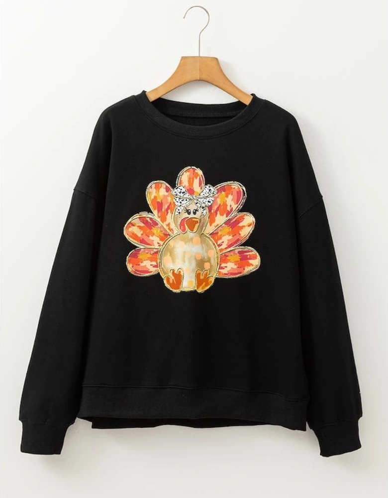 Black Thanksgiving Turkey Graphic Drop Shoulder Sweatshirt