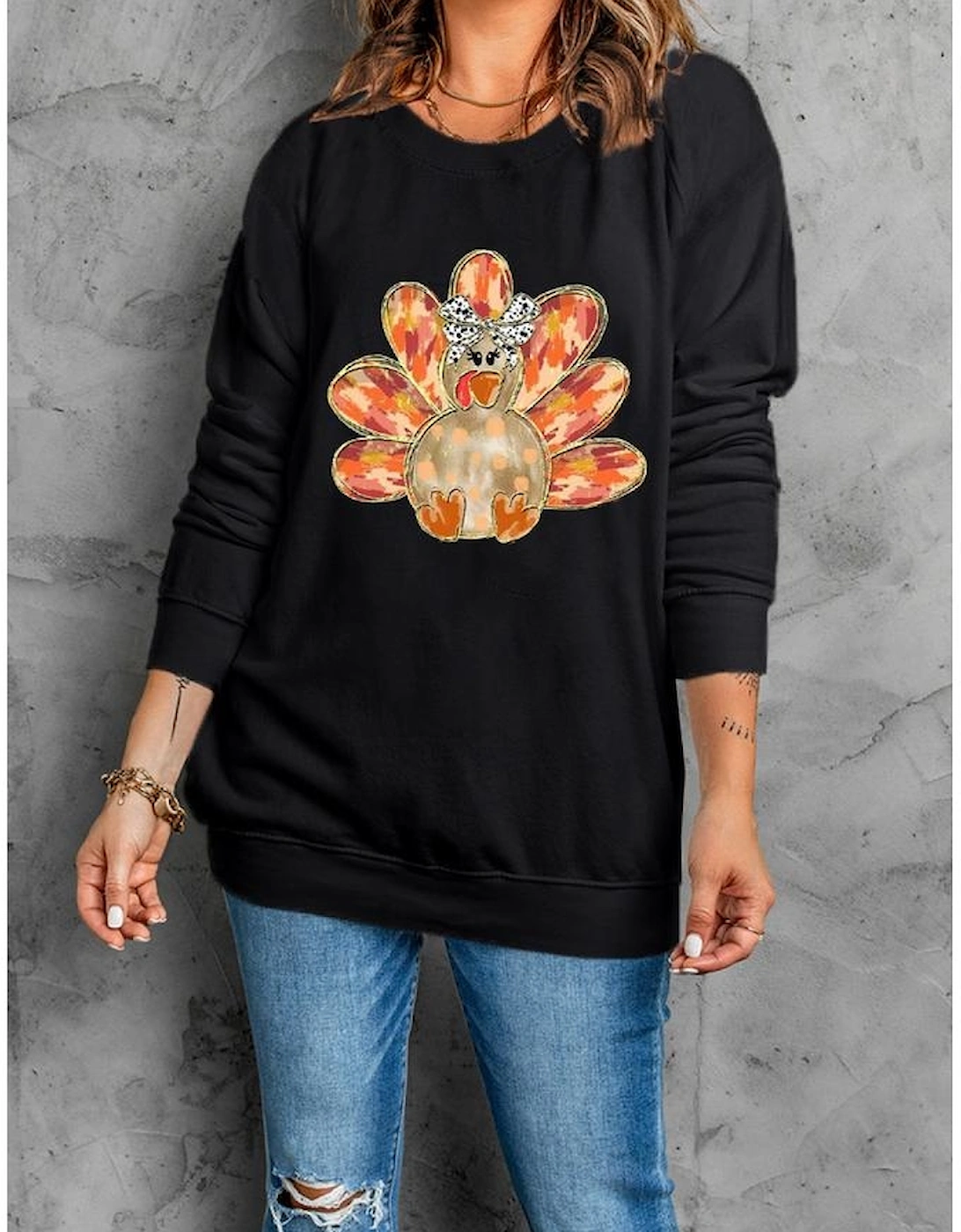 Black Thanksgiving Turkey Graphic Drop Shoulder Sweatshirt