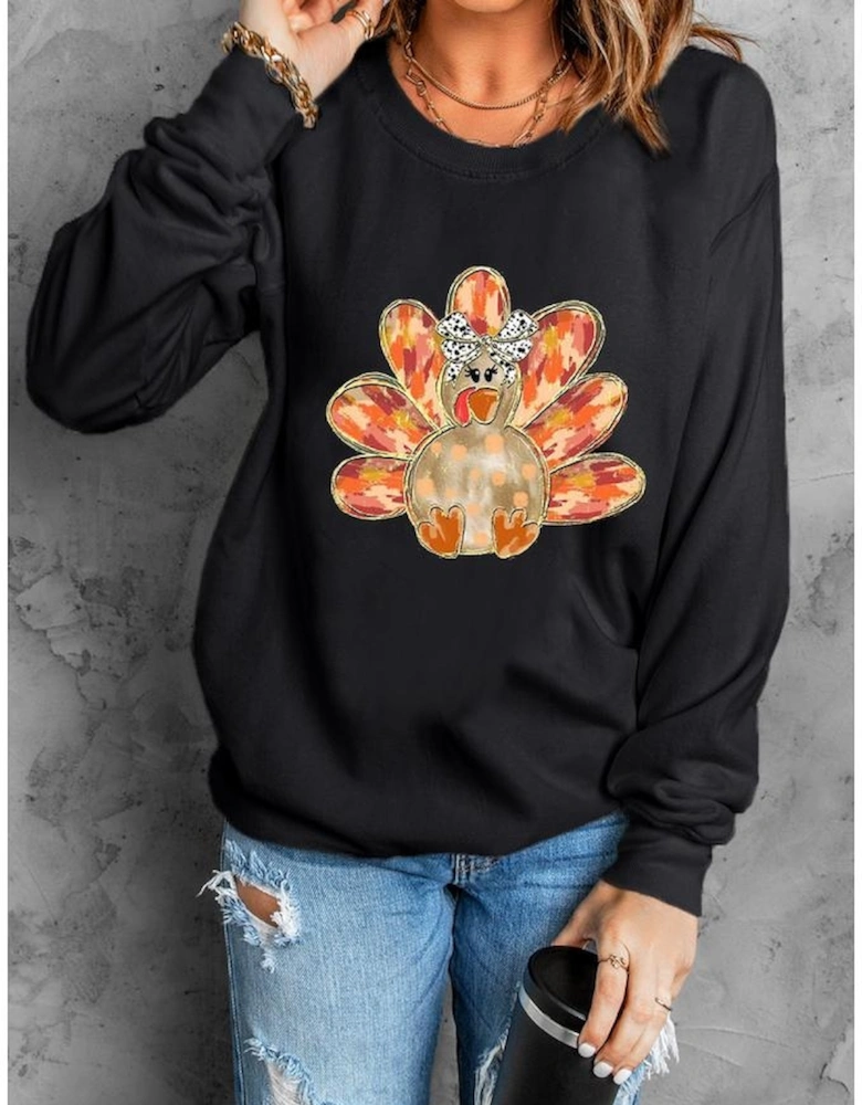 Black Thanksgiving Turkey Graphic Drop Shoulder Sweatshirt