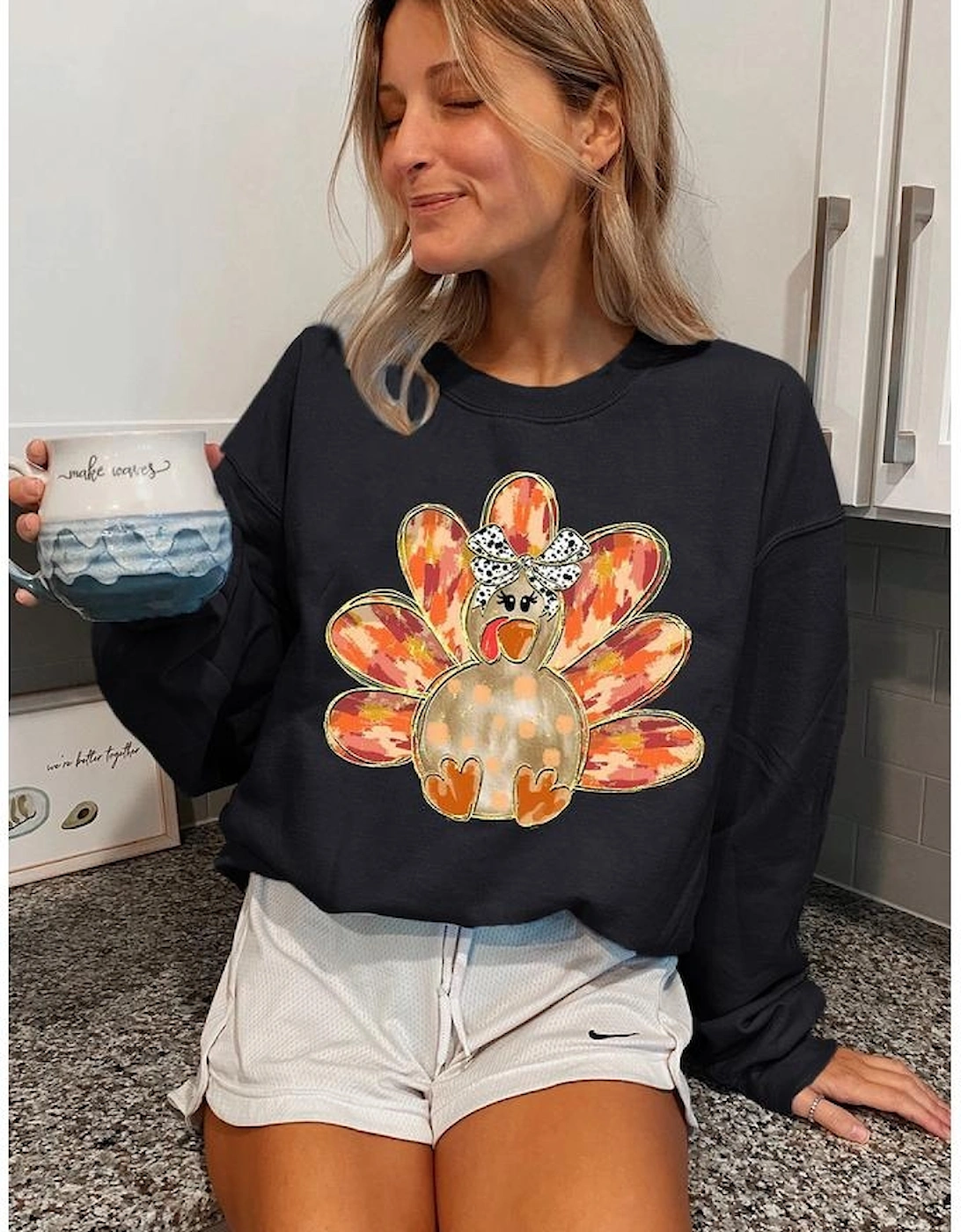 Black Thanksgiving Turkey Graphic Drop Shoulder Sweatshirt