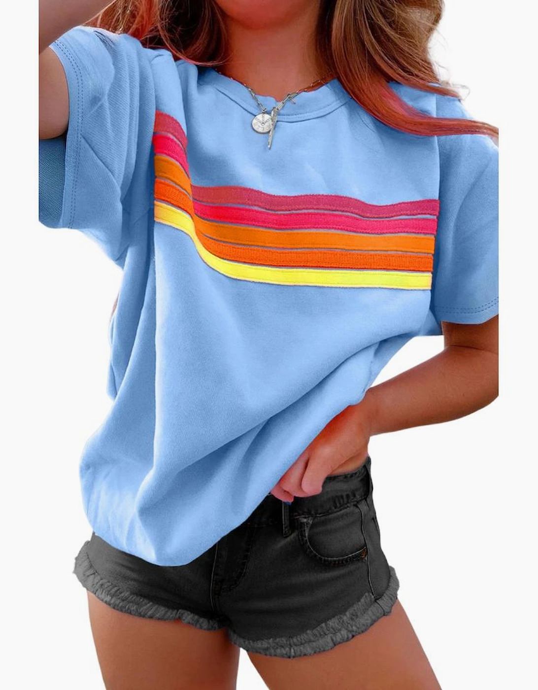 Beau Blue Striped Patch Front Casual Tee