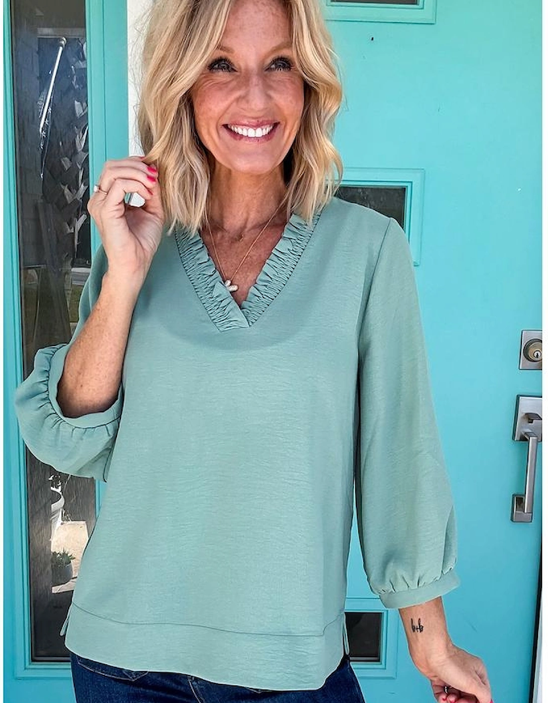 Moonlight Jade Frilled V Neckline Bracelet Sleeve Crinkled Blouse, 4 of 3