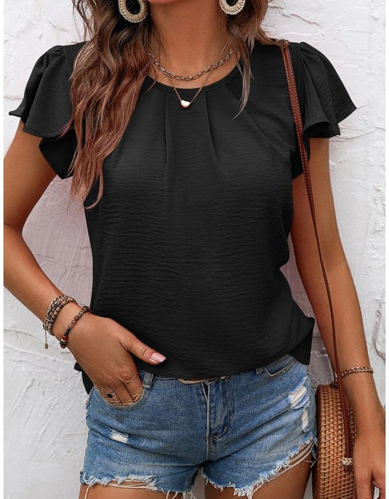 Black Flounce Sleeve Pleated Textured Blouse