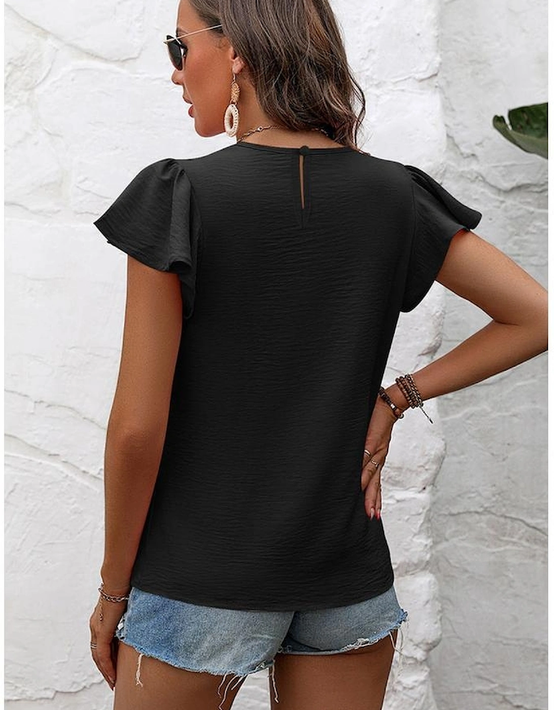 Black Flounce Sleeve Pleated Textured Blouse, 16 of 15