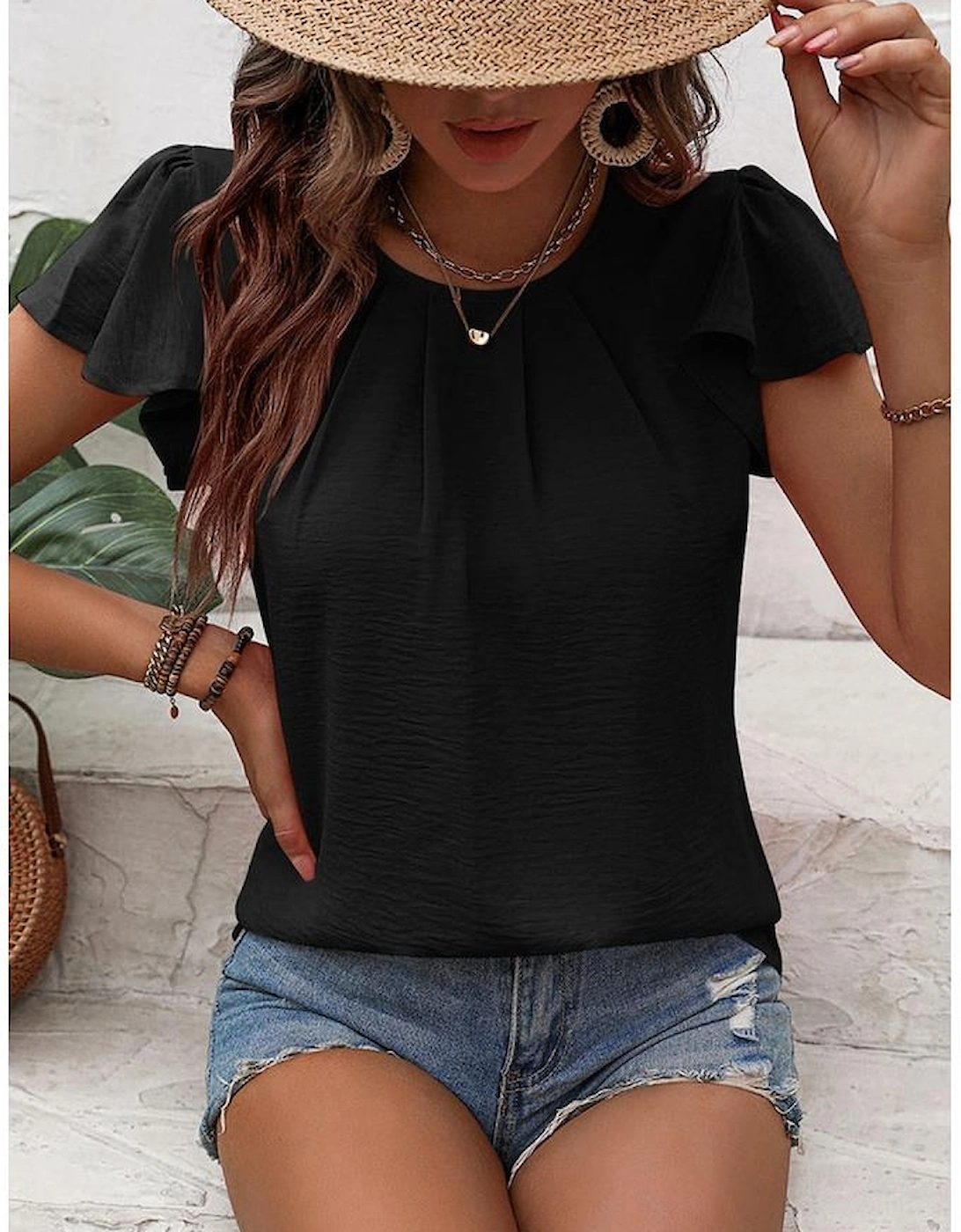 Black Flounce Sleeve Pleated Textured Blouse