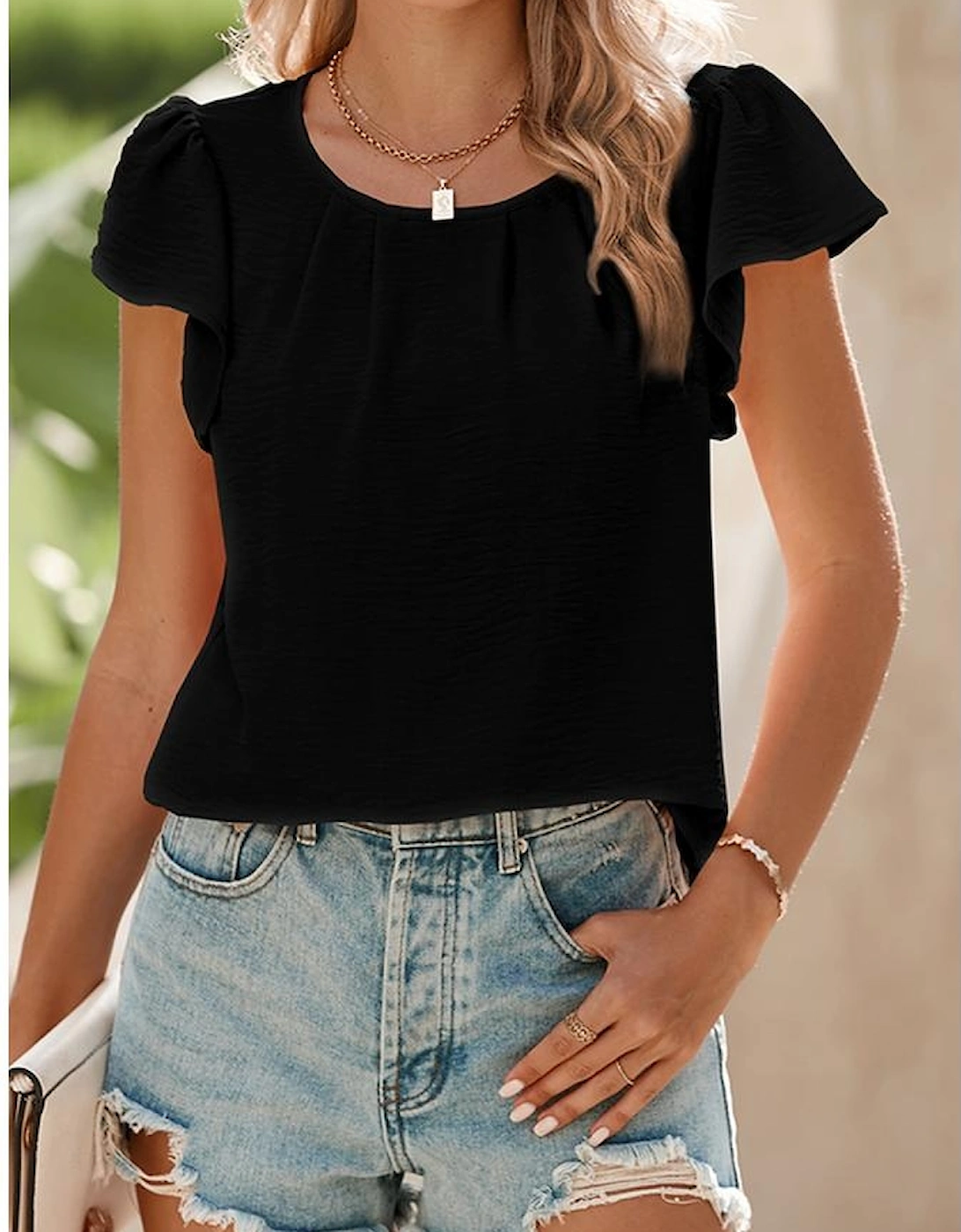 Black Flounce Sleeve Pleated Textured Blouse
