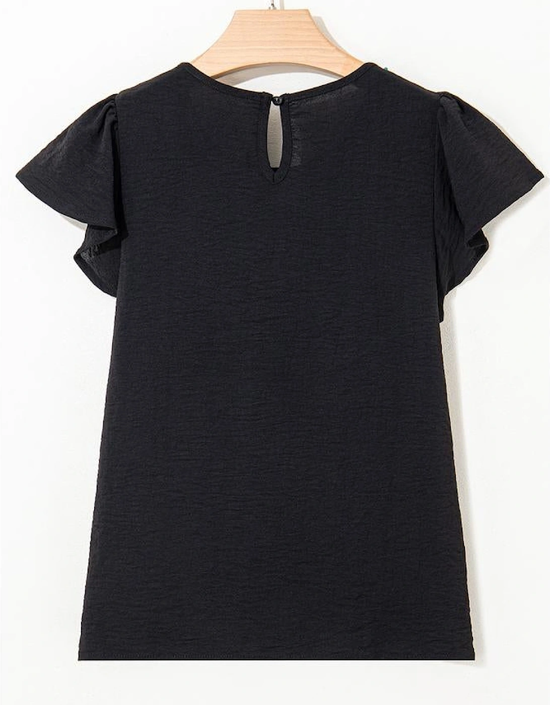 Black Flounce Sleeve Pleated Textured Blouse