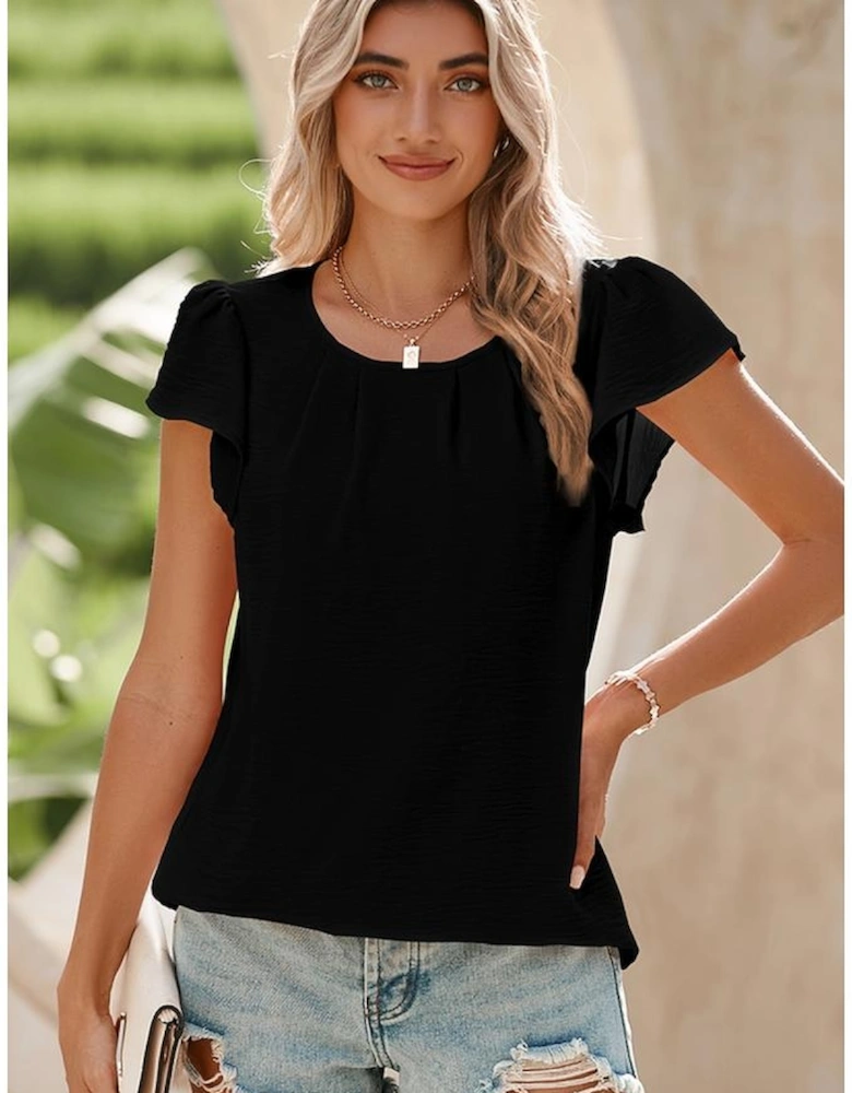 Black Flounce Sleeve Pleated Textured Blouse