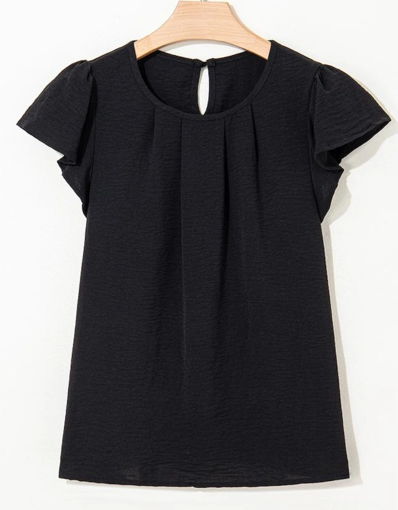 Black Flounce Sleeve Pleated Textured Blouse