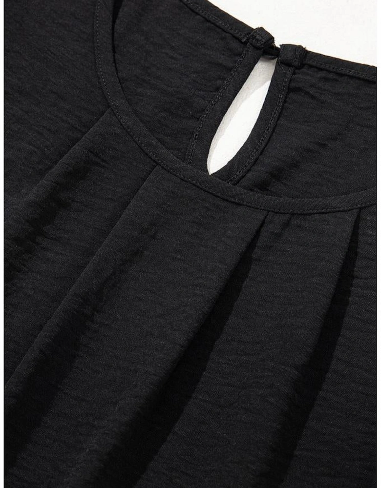 Black Flounce Sleeve Pleated Textured Blouse