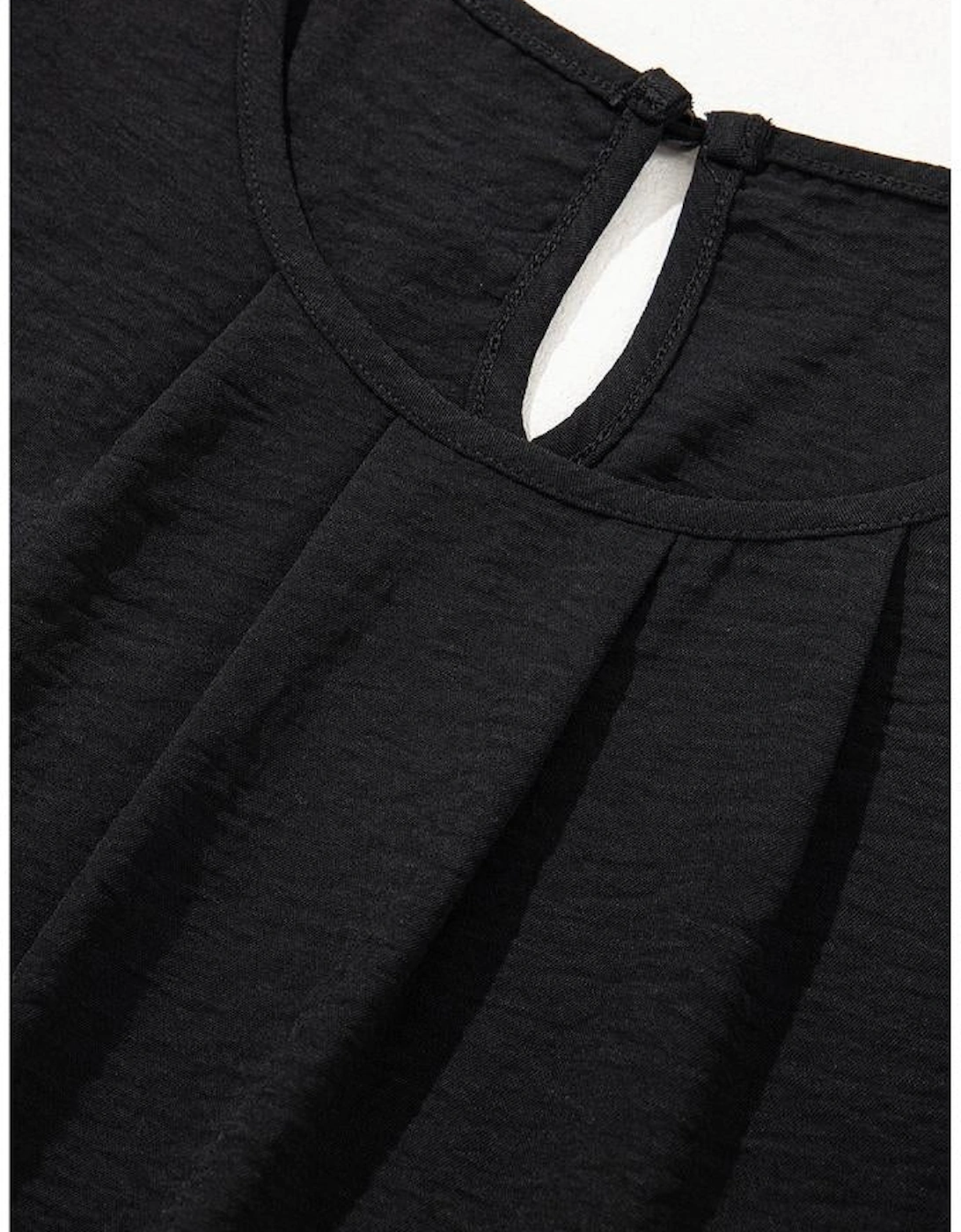 Black Flounce Sleeve Pleated Textured Blouse