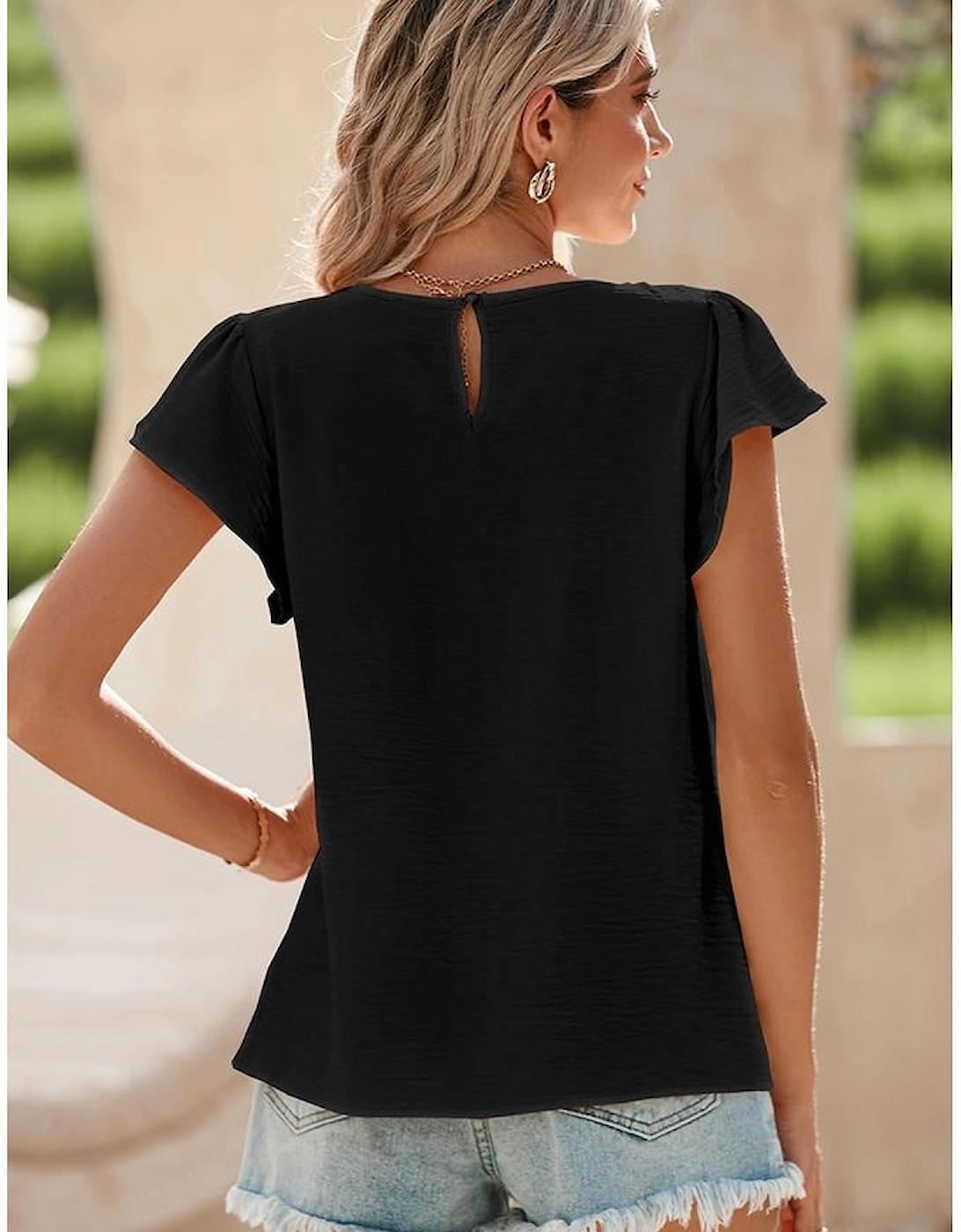 Black Flounce Sleeve Pleated Textured Blouse