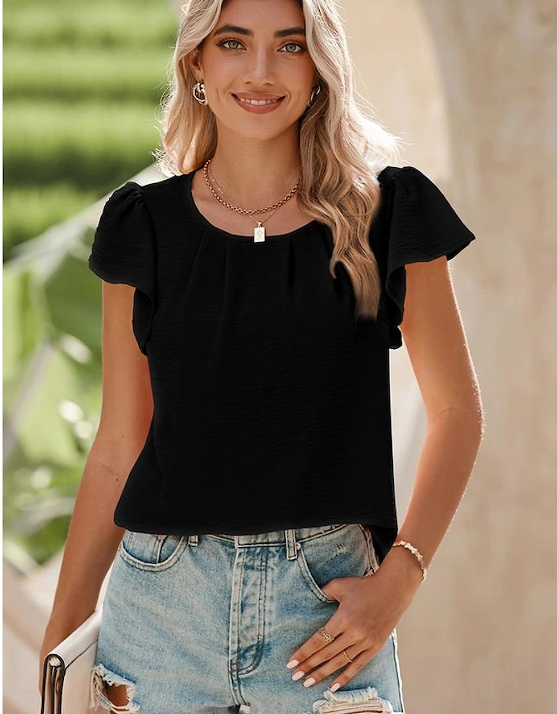 Black Flounce Sleeve Pleated Textured Blouse