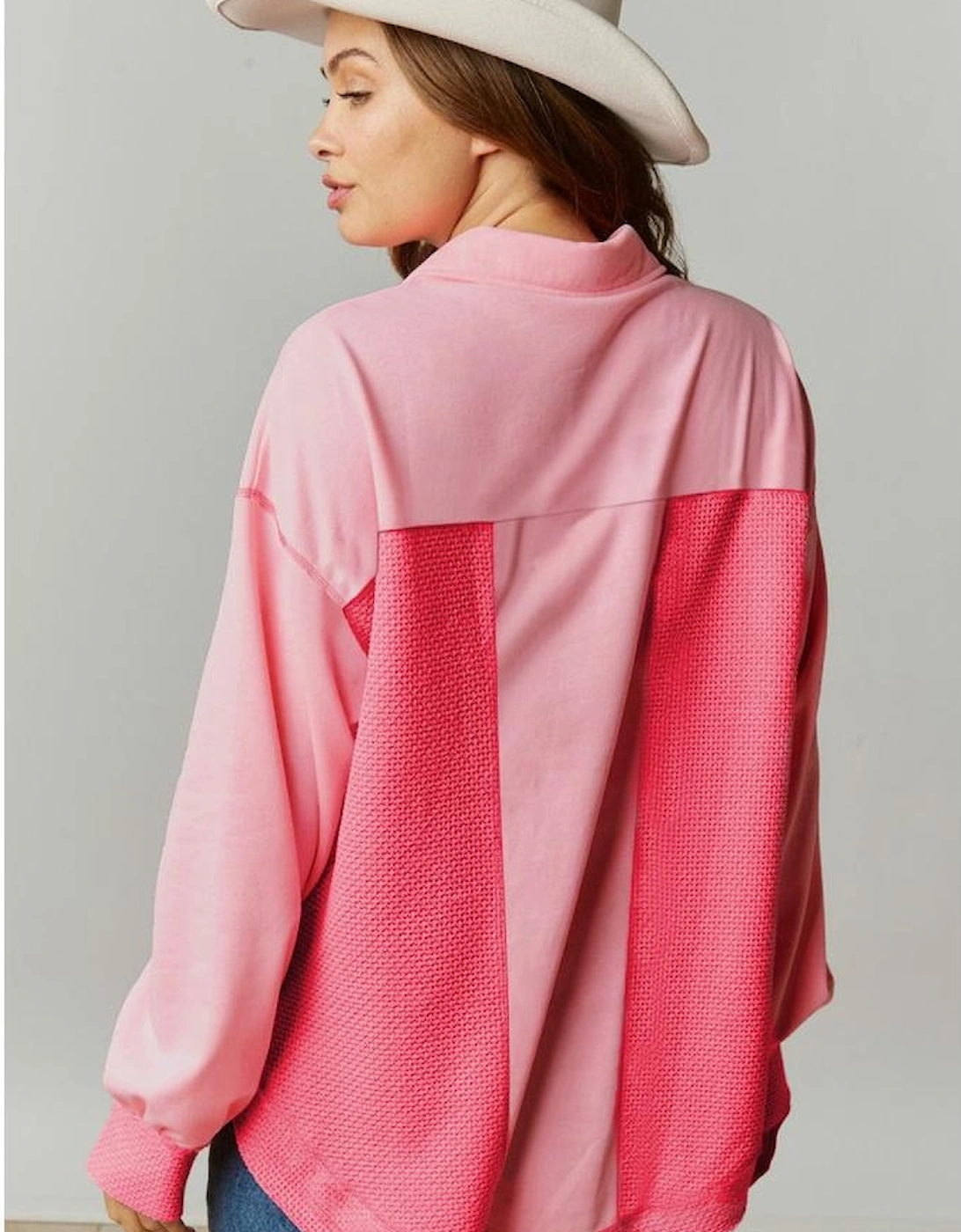 Peach Blossom Two Tone Contrast Waffle Knit Buttoned Loose Shacket