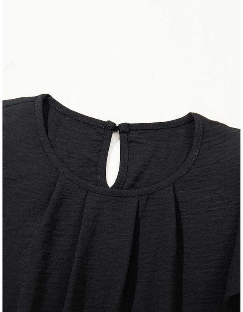Black Flounce Sleeve Pleated Textured Blouse