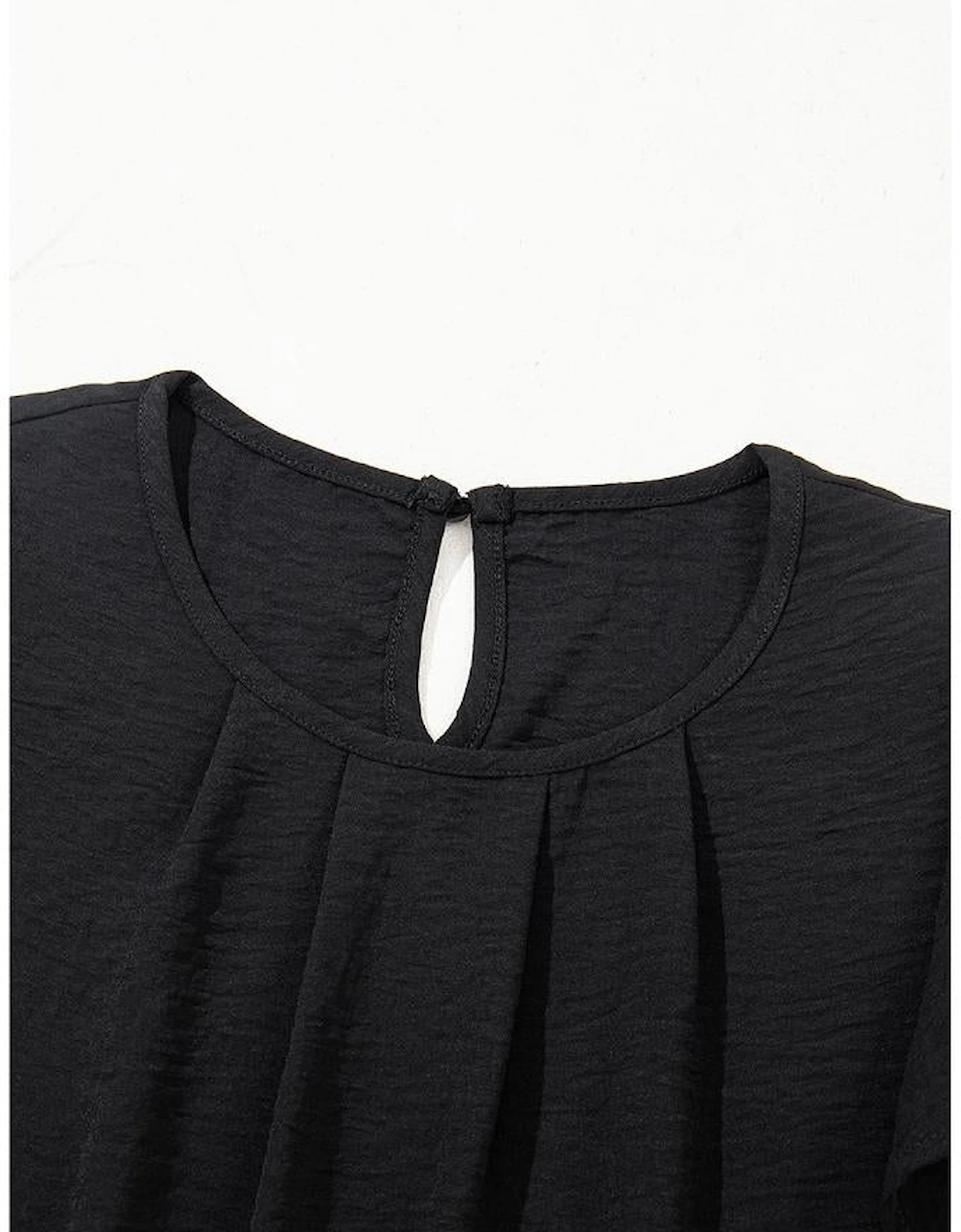 Black Flounce Sleeve Pleated Textured Blouse