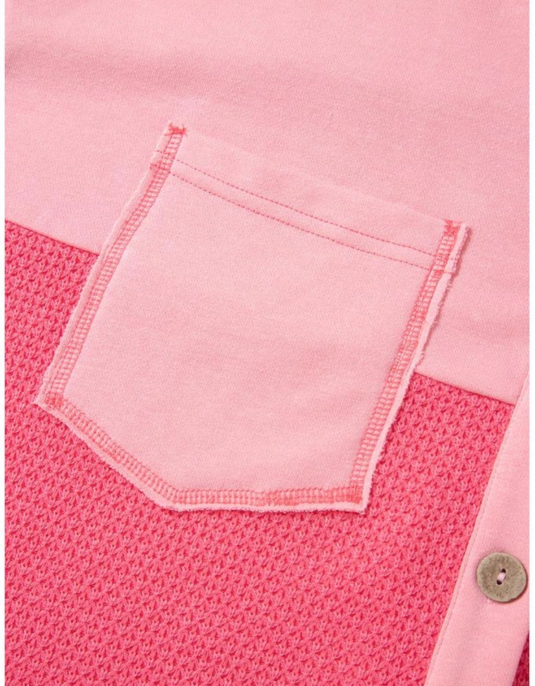 Peach Blossom Two Tone Contrast Waffle Knit Buttoned Loose Shacket