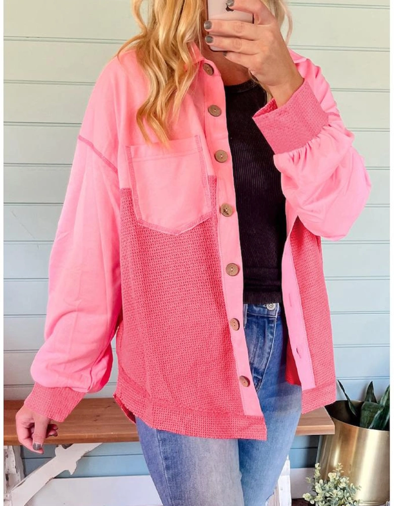 Peach Blossom Two Tone Contrast Waffle Knit Buttoned Loose Shacket