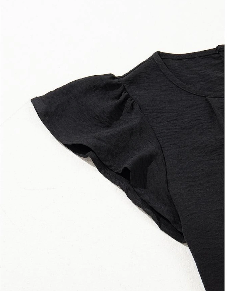 Black Flounce Sleeve Pleated Textured Blouse