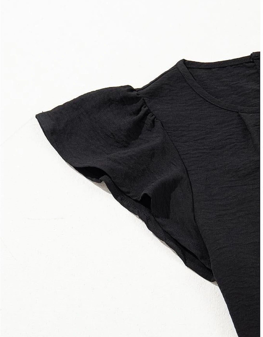 Black Flounce Sleeve Pleated Textured Blouse