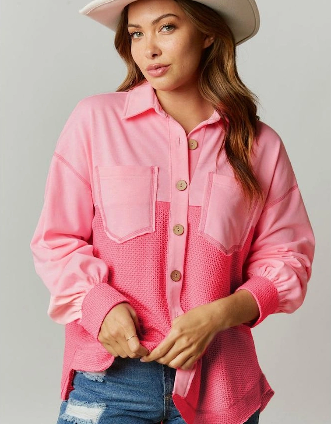 Peach Blossom Two Tone Contrast Waffle Knit Buttoned Loose Shacket