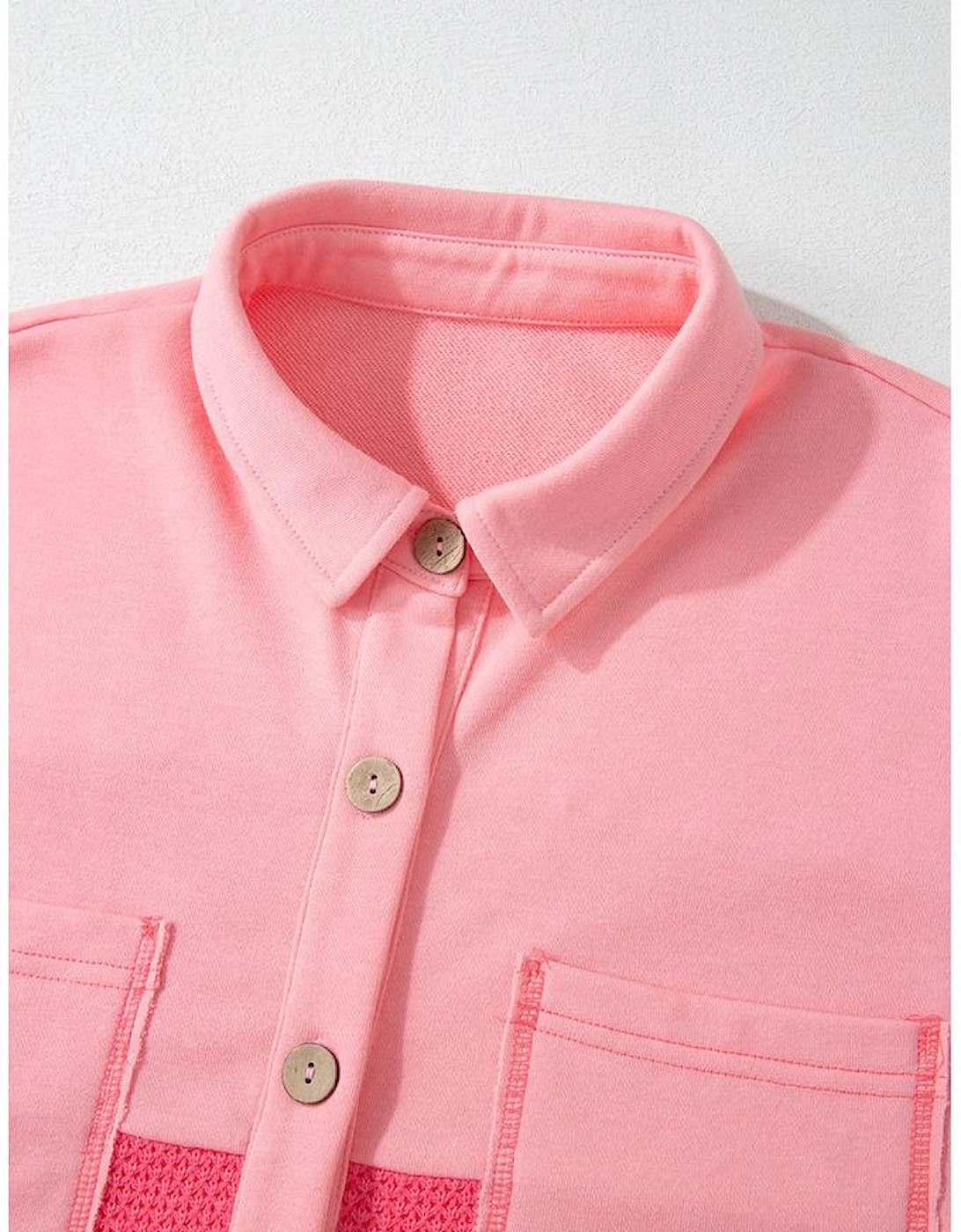 Peach Blossom Two Tone Contrast Waffle Knit Buttoned Loose Shacket, 15 of 14