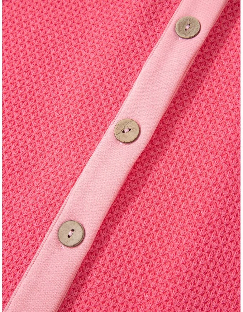 Peach Blossom Two Tone Contrast Waffle Knit Buttoned Loose Shacket