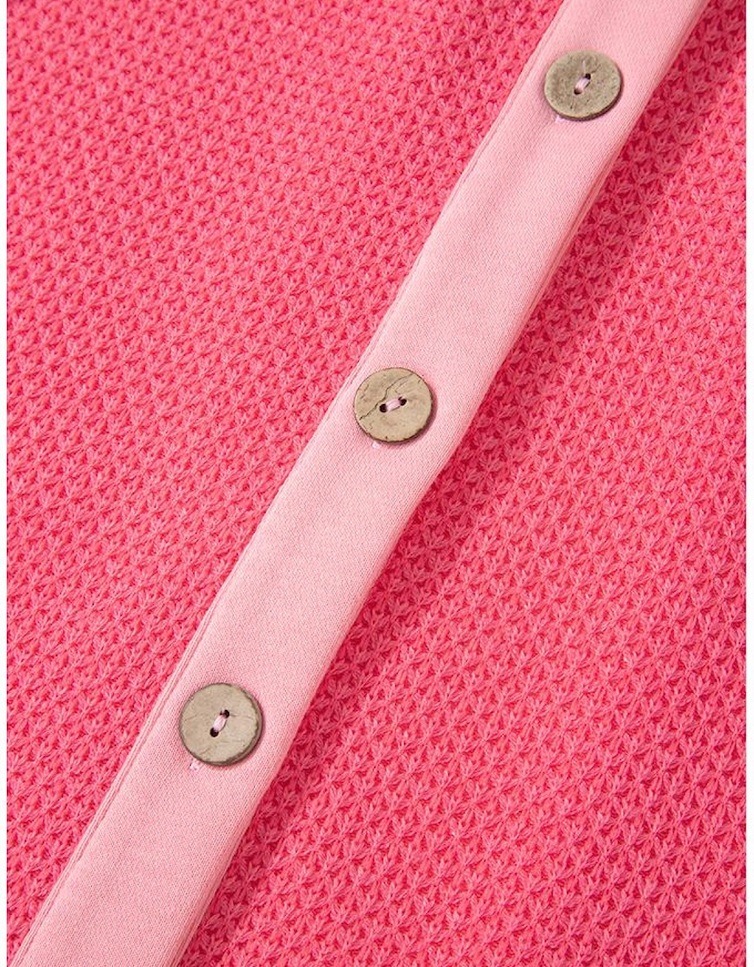 Peach Blossom Two Tone Contrast Waffle Knit Buttoned Loose Shacket