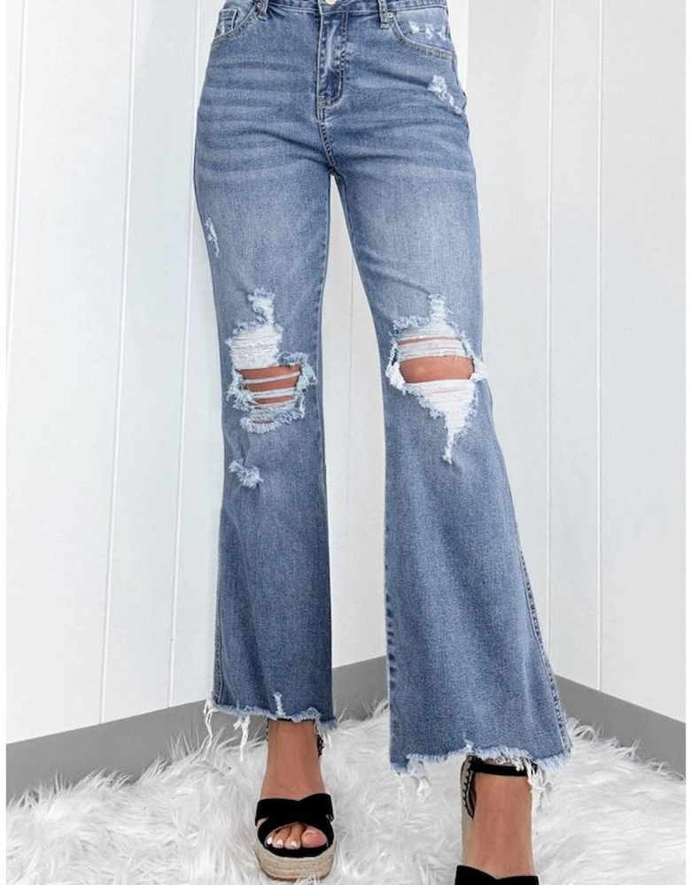 Dusk Blue High Rise Ripped Distressed Hem Flared Jeans
