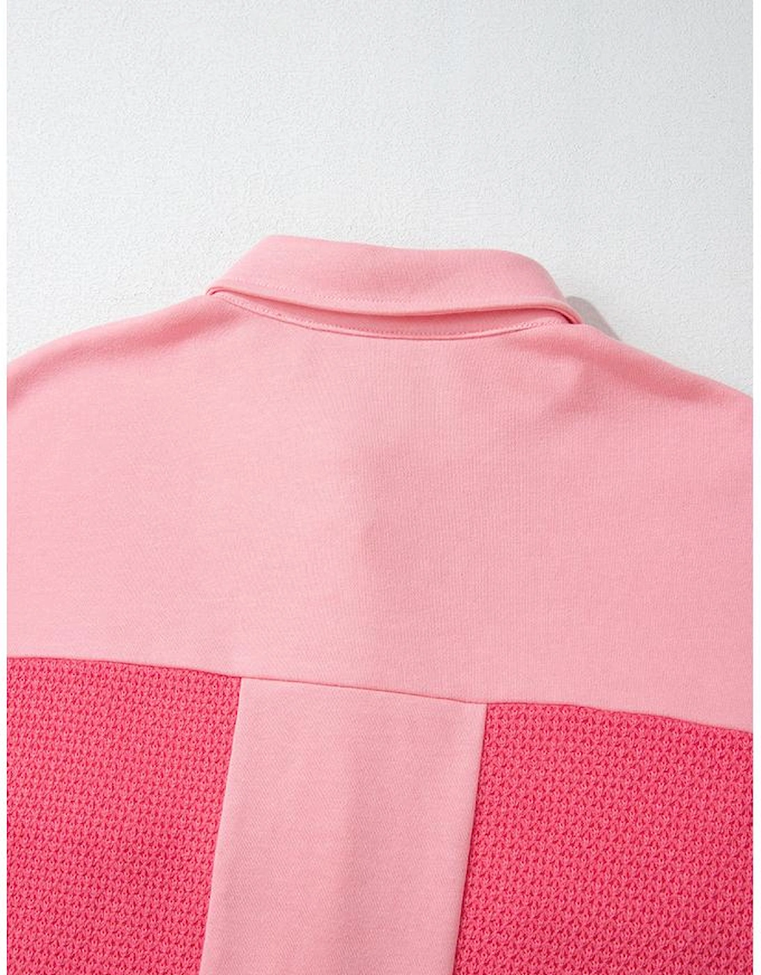 Peach Blossom Two Tone Contrast Waffle Knit Buttoned Loose Shacket