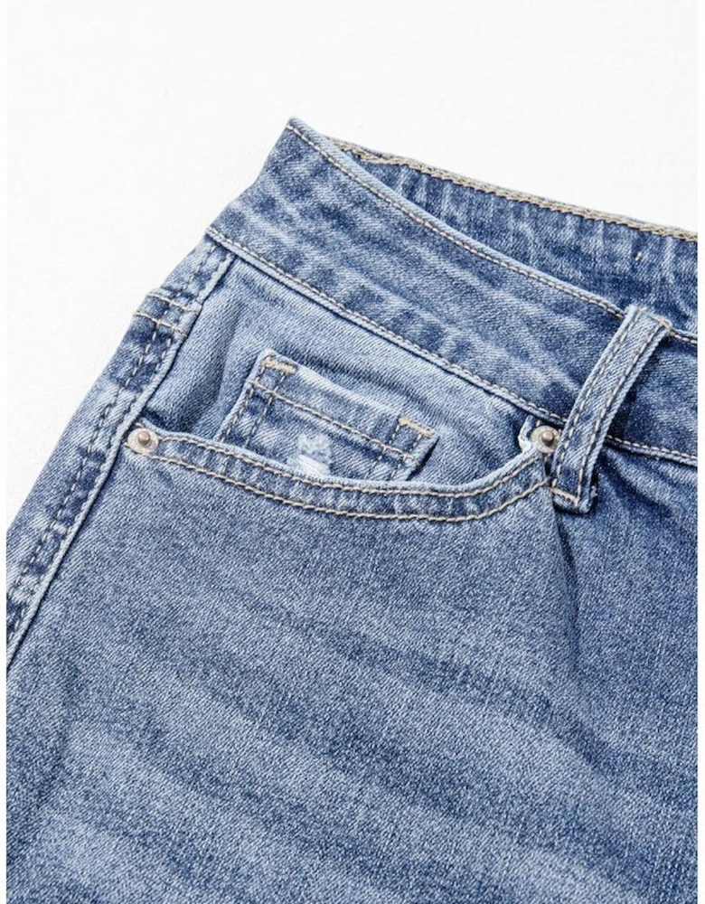 Dusk Blue High Rise Ripped Distressed Hem Flared Jeans