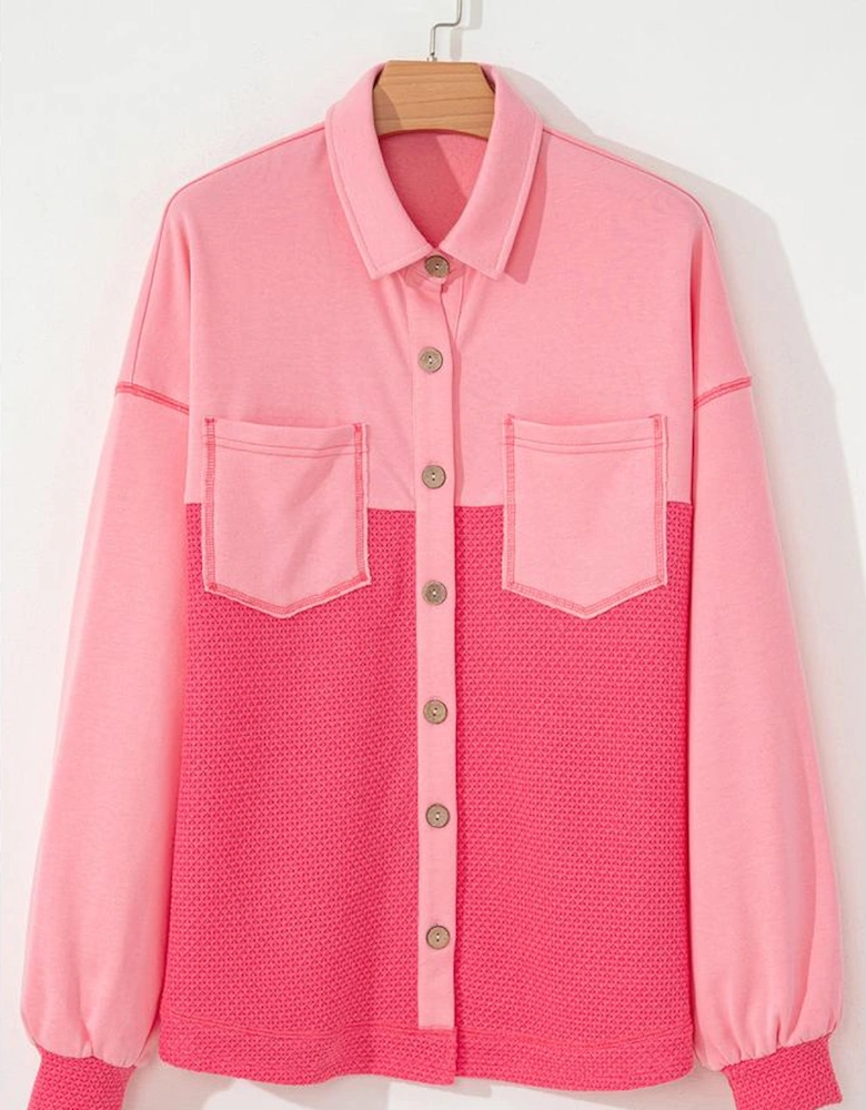 Peach Blossom Two Tone Contrast Waffle Knit Buttoned Loose Shacket
