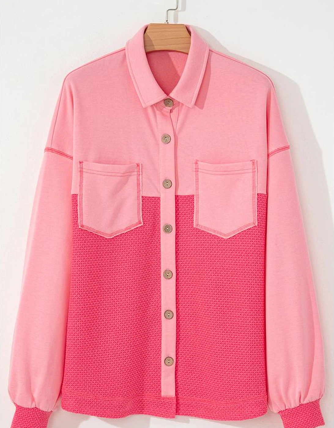 Peach Blossom Two Tone Contrast Waffle Knit Buttoned Loose Shacket