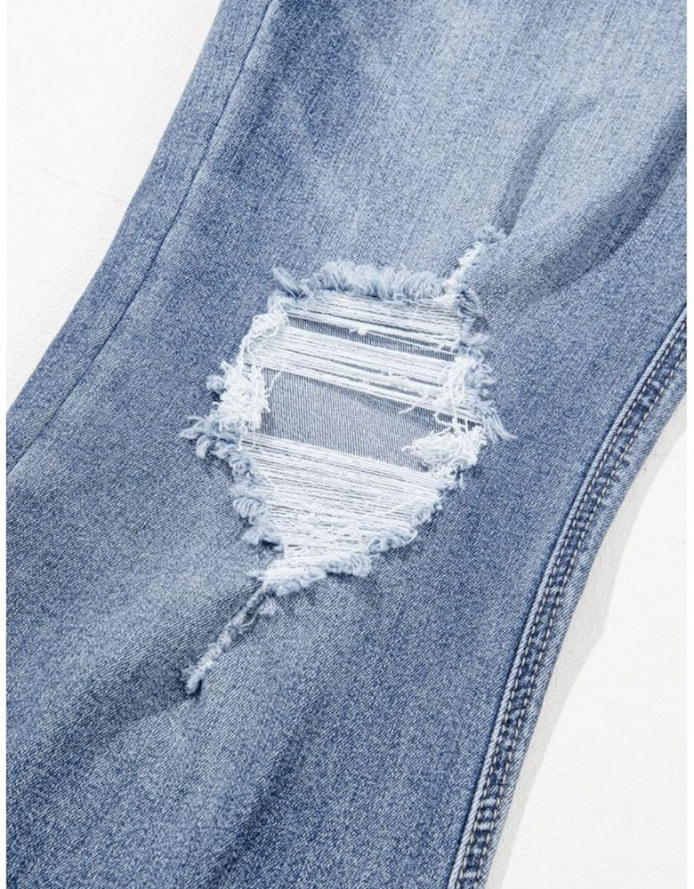 Dusk Blue High Rise Ripped Distressed Hem Flared Jeans