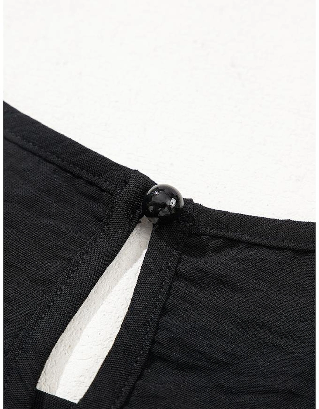 Black Flounce Sleeve Pleated Textured Blouse