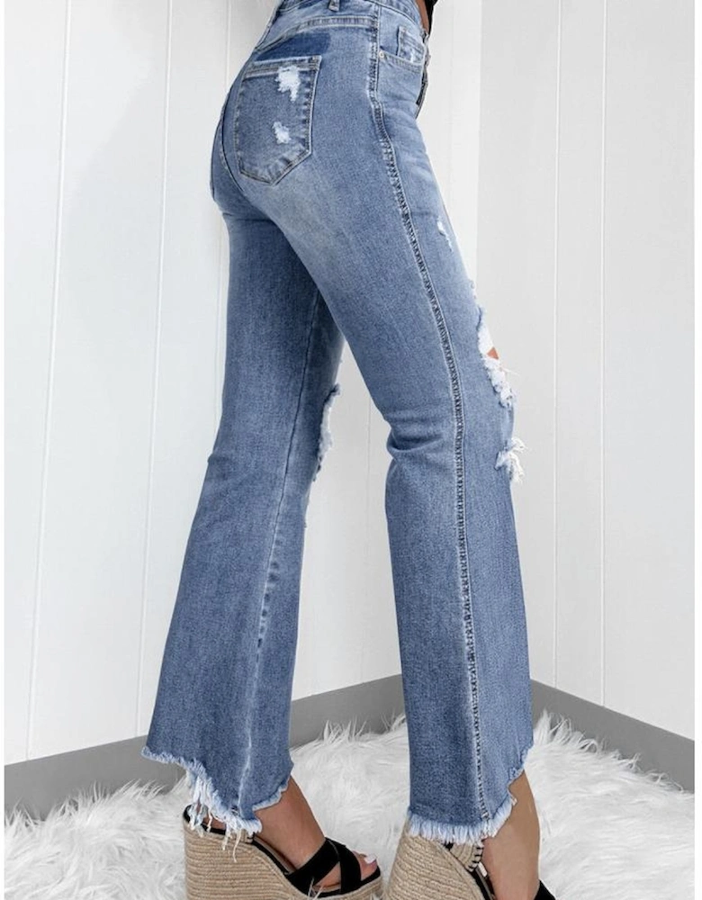 Dusk Blue High Rise Ripped Distressed Hem Flared Jeans