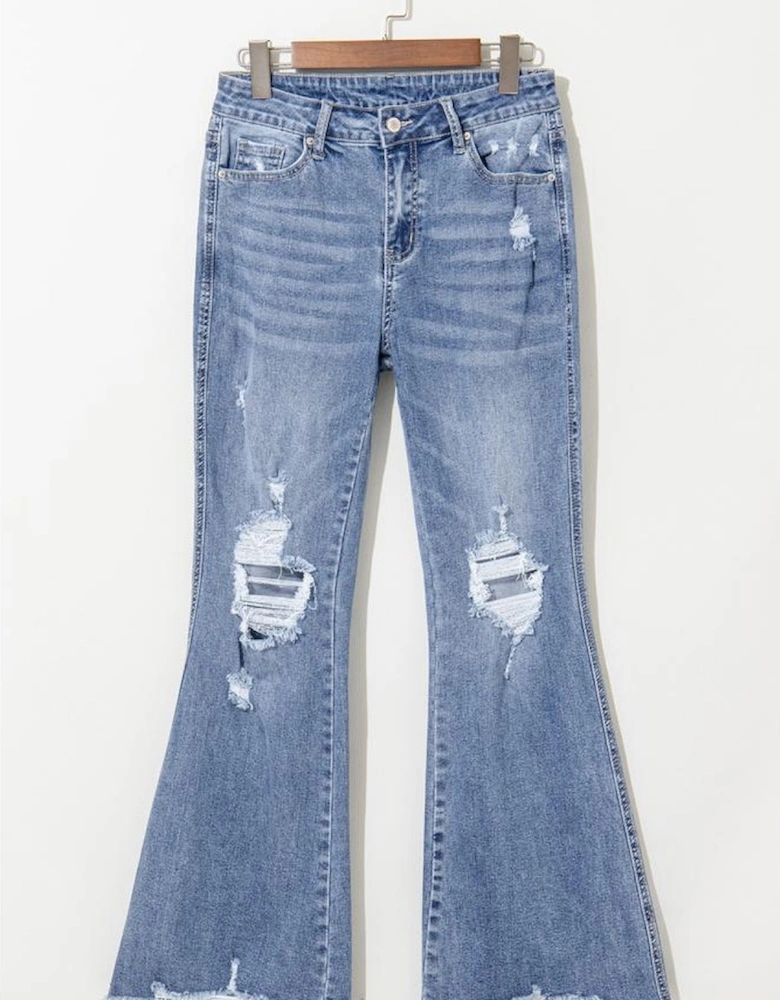 Dusk Blue High Rise Ripped Distressed Hem Flared Jeans