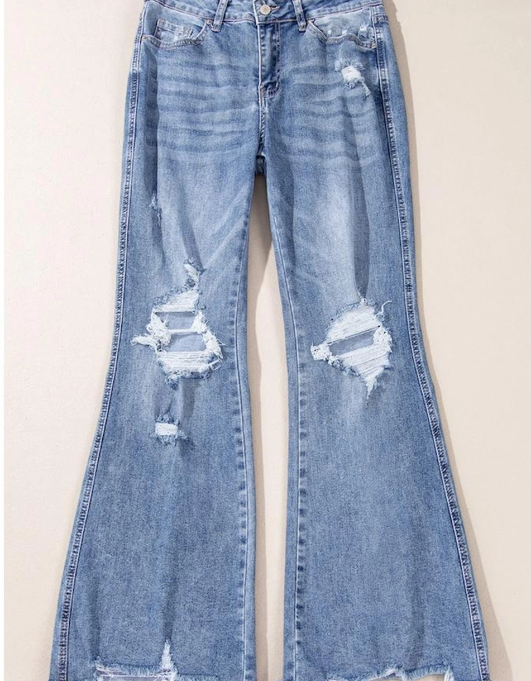 Dusk Blue High Rise Ripped Distressed Hem Flared Jeans