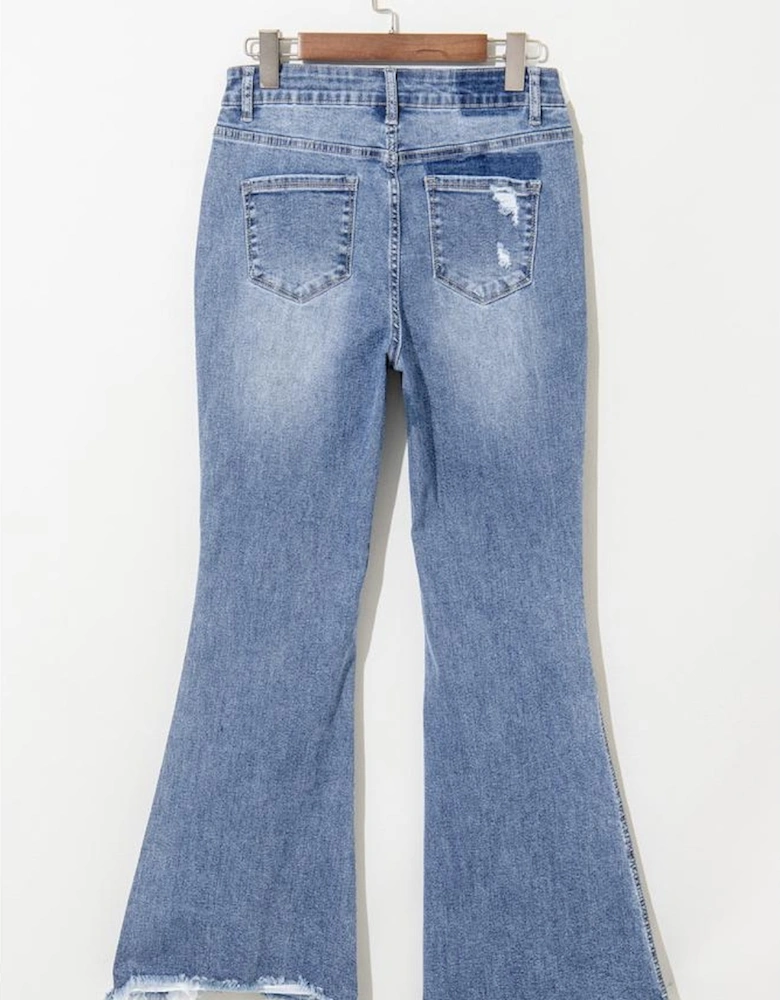 Dusk Blue High Rise Ripped Distressed Hem Flared Jeans