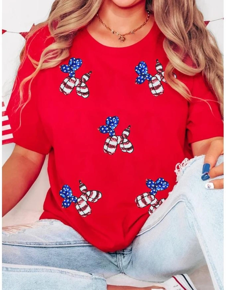 Red Sequin Stars and Stripes Balloon Puppy Graphic Crewneck Tee