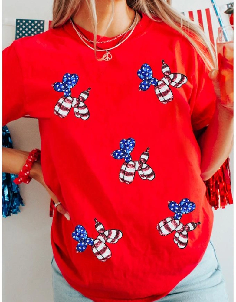 Red Sequin Stars and Stripes Balloon Puppy Graphic Crewneck Tee
