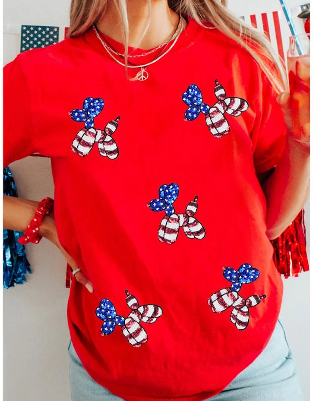 Red Sequin Stars and Stripes Balloon Puppy Graphic Crewneck Tee