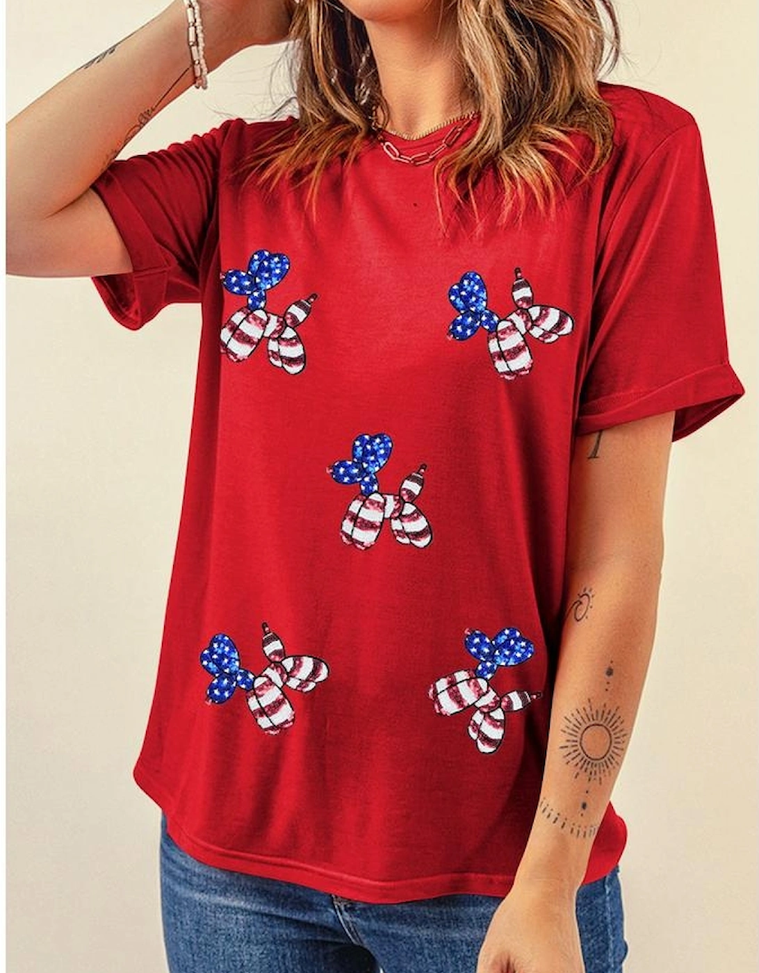 Red Sequin Stars and Stripes Balloon Puppy Graphic Crewneck Tee